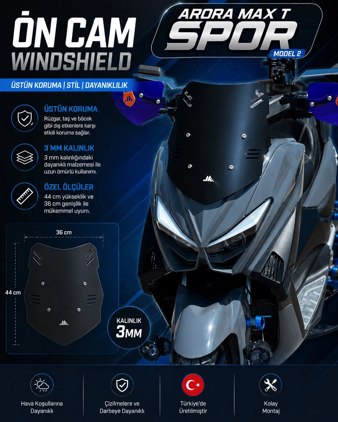 ARORA MAX T  125-150 SPOR CAM SİYAH MODEL 2 - NMAX 2015-2020 UYUMLU