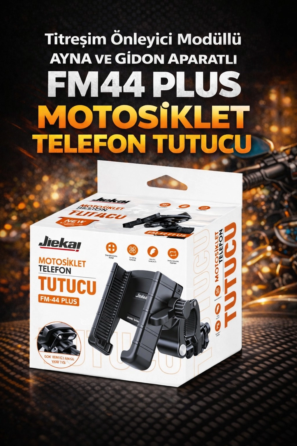 FM-44 PLUS TİTREŞİM MODÜLLÜ MOTOSİKLET TELEFON TUTUCU AYNA VE GİDON APARATLI UNIVERSAL SİYAH