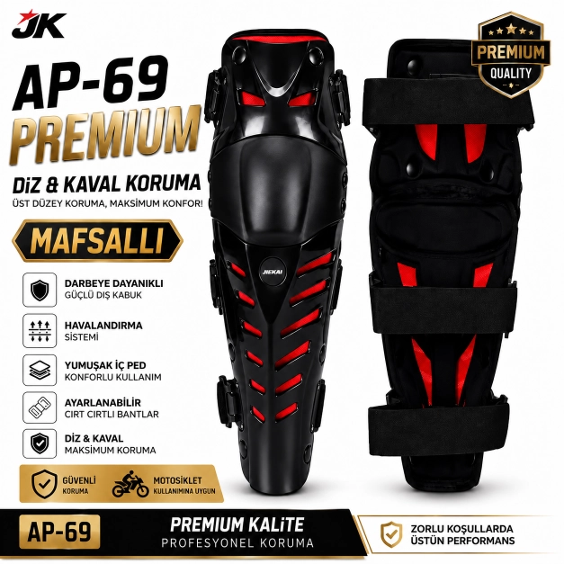 AP-69 PREMIUM MASFALLI KIRMIZI DETAYLI MOTOSİKLET DİZ VE KAVAL KORUMA SETİ AYARLANABİLİR BANTLI