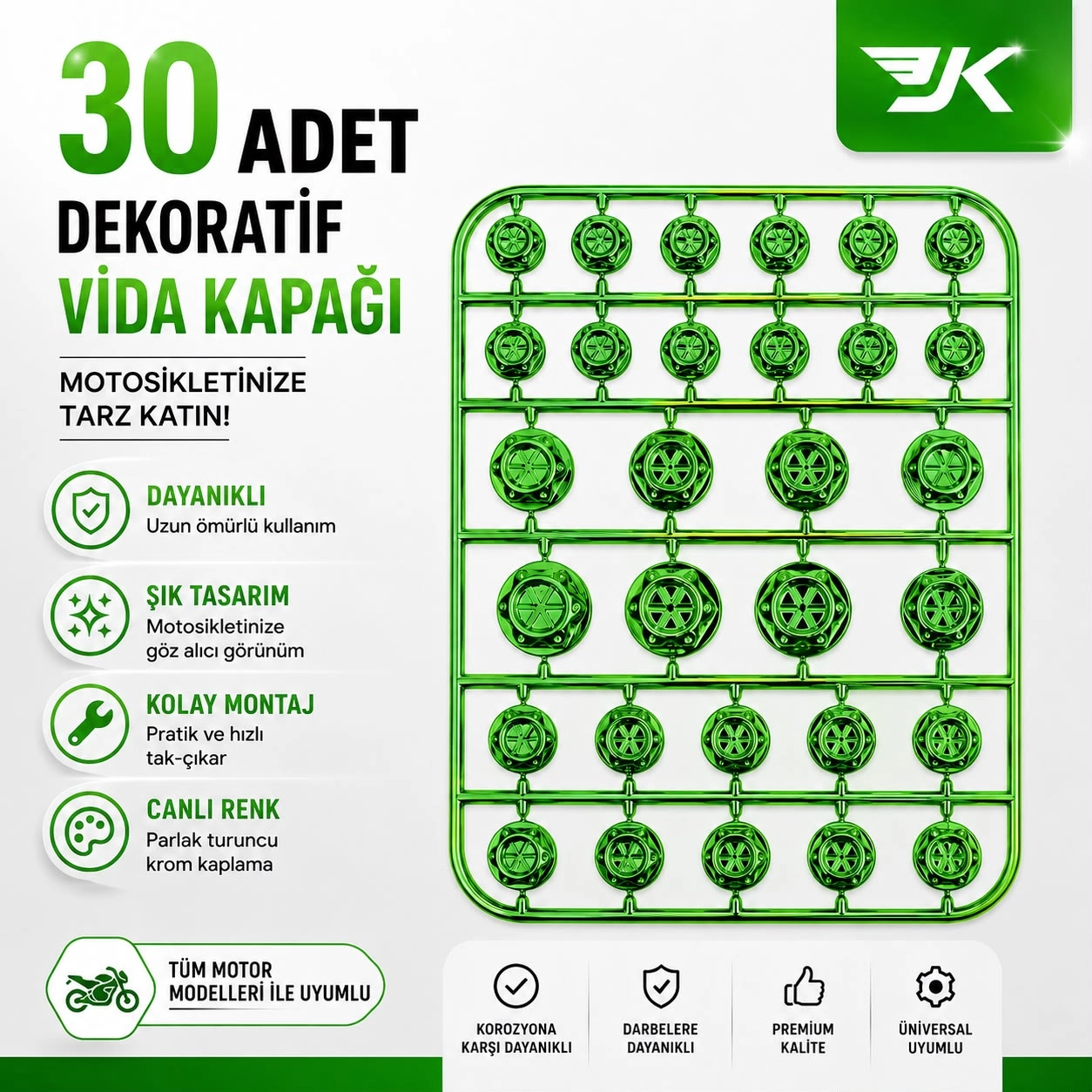 MOTOSİKLET DEKORATİF VİDA KAPAĞI 30 PARÇA SET ABS PLASTİK CİVATA SÜS KAPAĞI YEŞİL