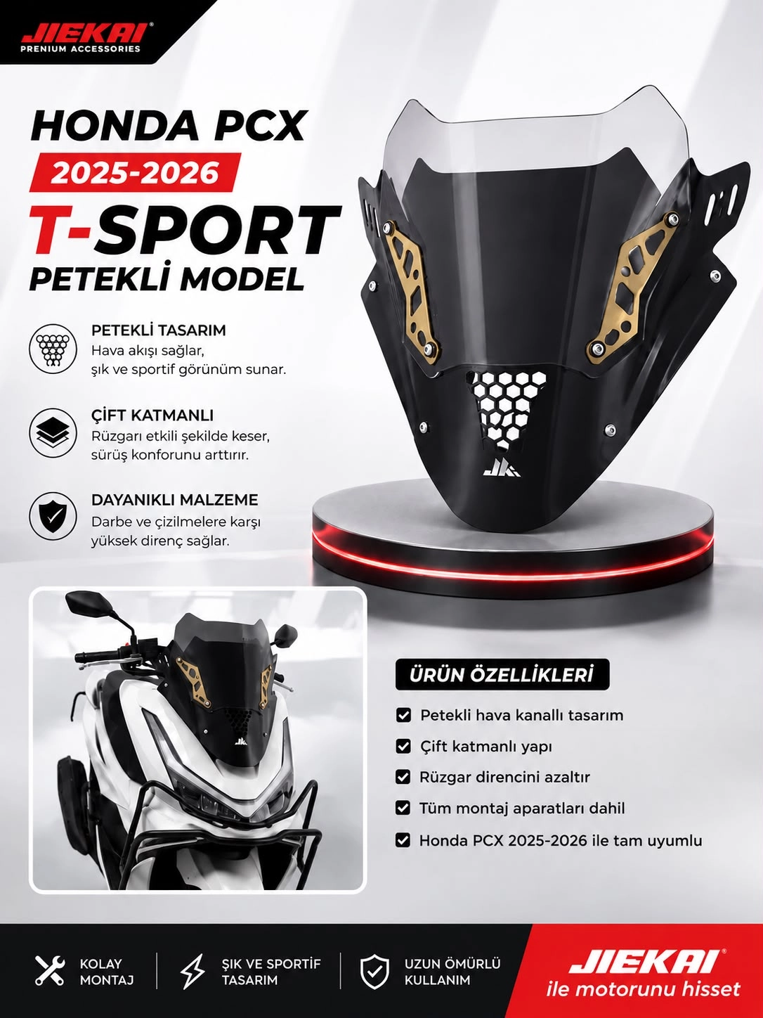 JK JİEKAİ Honda PCX 2025-2026 *T*-Sport Ön Cam - PETEKLİ MODEL (GOLD)