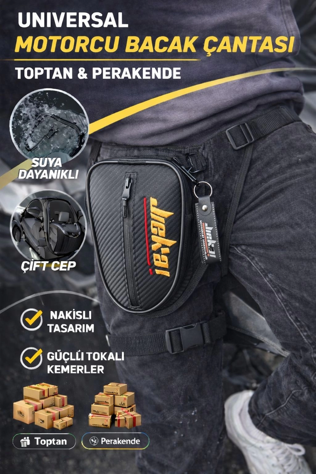 JİEKAİ LB-001 MOTORCU BACAK ÇANTASI KARBON KUMAŞ * GOLD NAKIŞ * ( ANAHTARLIK HEDİYE )