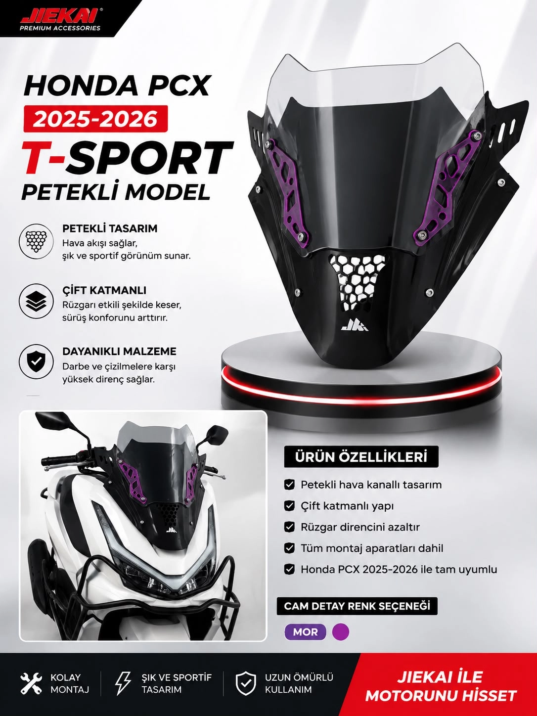 JK JİEKAİ Honda PCX 2025-2026 *T*-Sport Ön Cam - PETEKLİ MODEL (MOR)