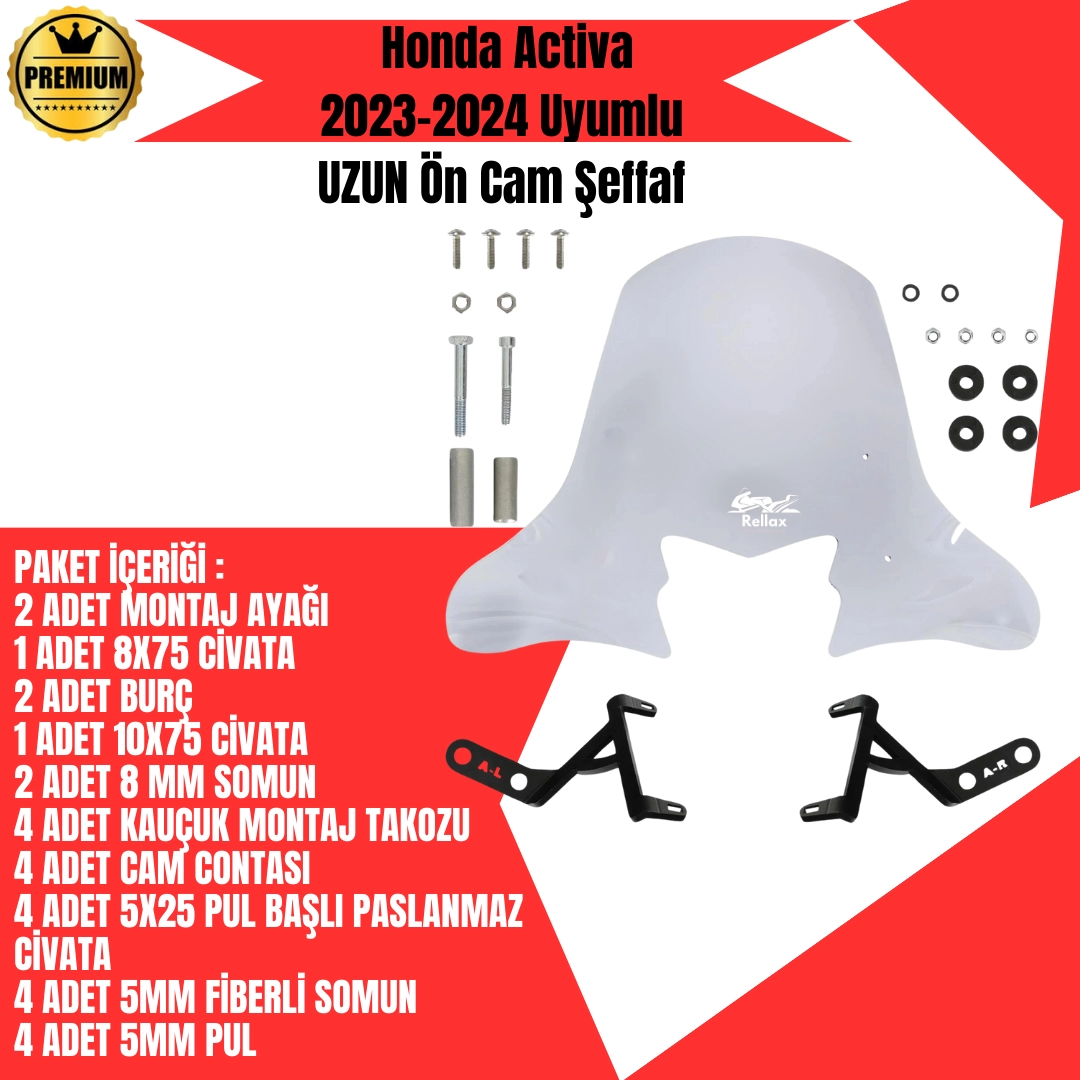 RELLAX Honda Activa 125 70*60CM Ön Tur Camı Şeffaf 2023/2024 Uyumlu