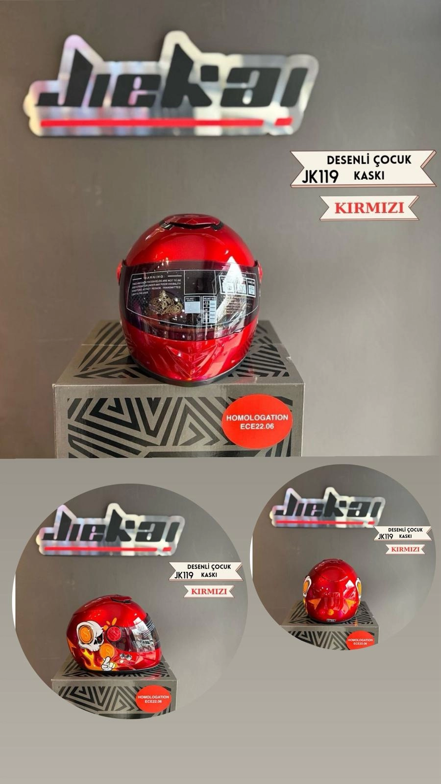 JİEKAİ JK119 Desenli Çocuk Kaskı Kırmızı Renk Full Face  Kask