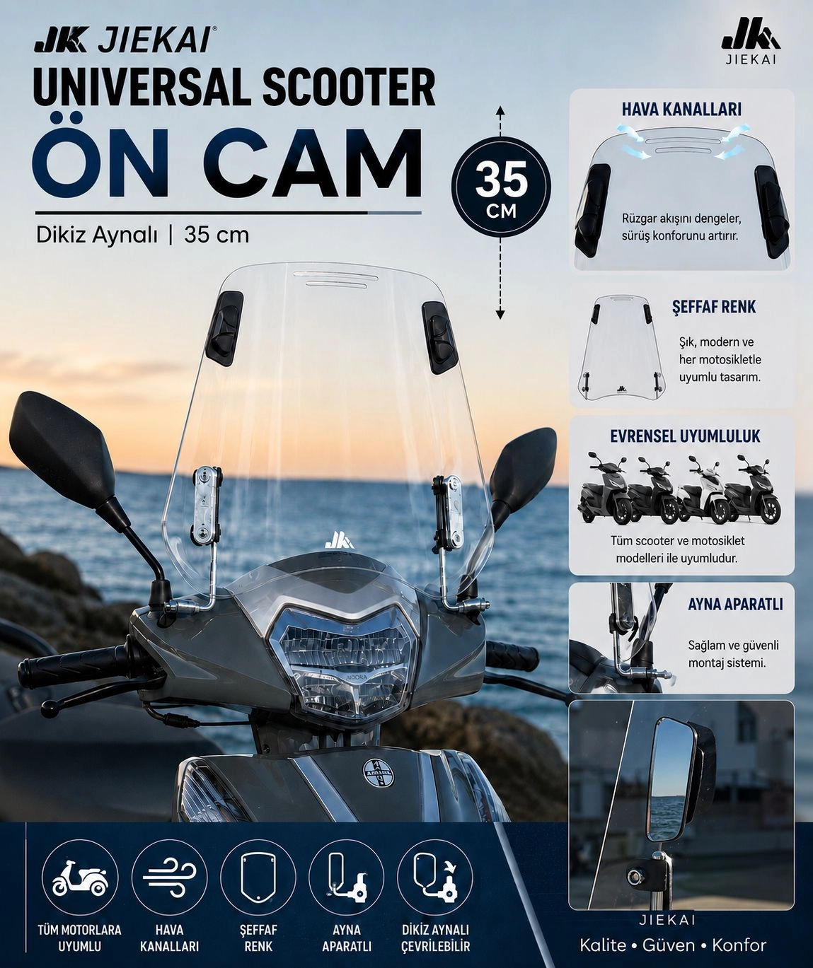 JİEKAİ DİKİZ AYNALI ÜNİVERSAL SCOOTER ÖN CAM ŞEFFAF 35 CM