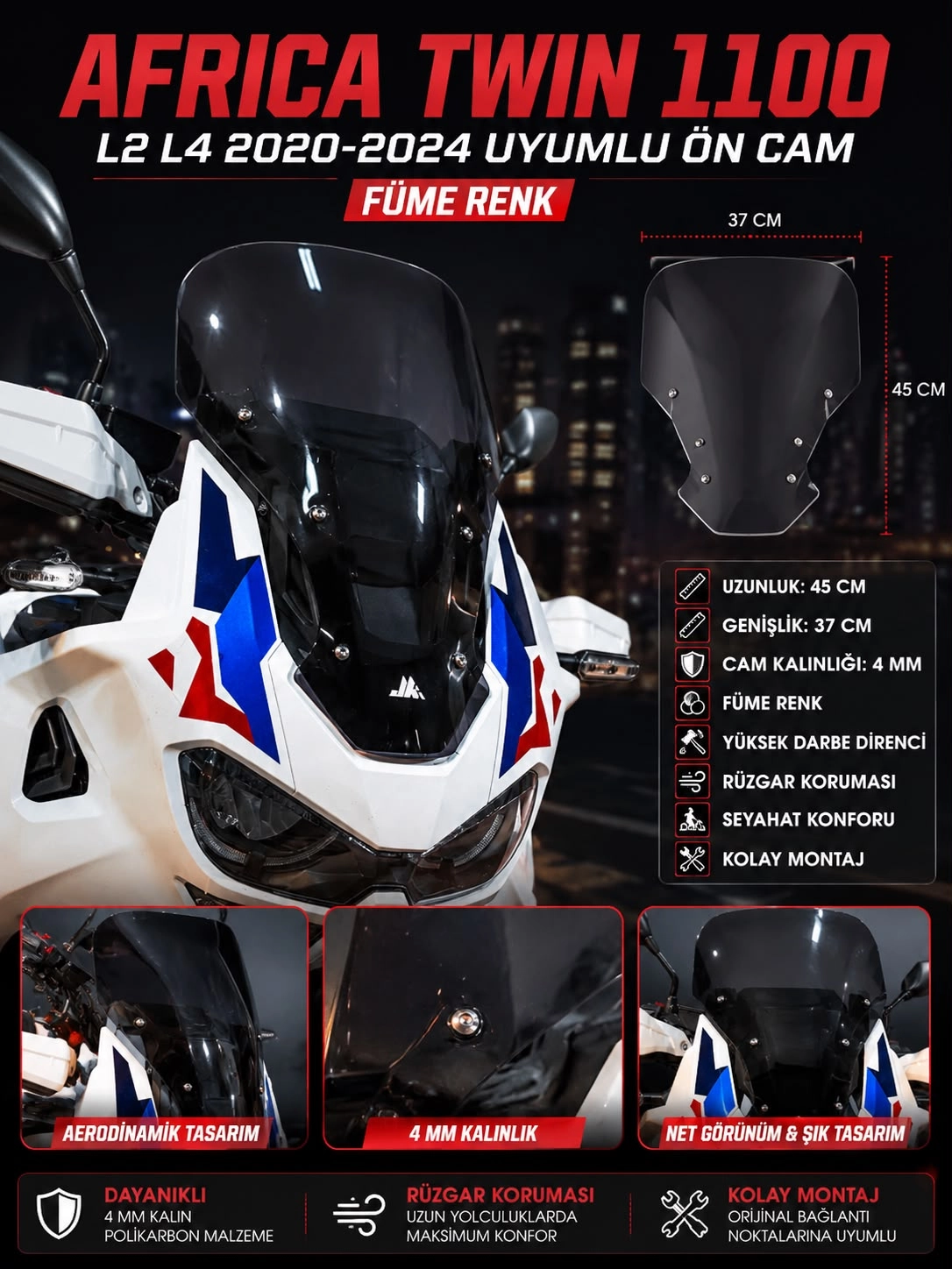 JK - Africa Twin CRF1100L L2 / L4 2020-2024 Uyumlu Cam FÜME