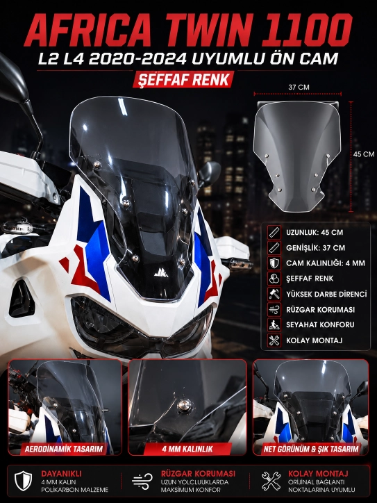 JK - Africa Twin CRF1100L L2 / L4 2020-2024 Uyumlu Cam ŞEFFAF