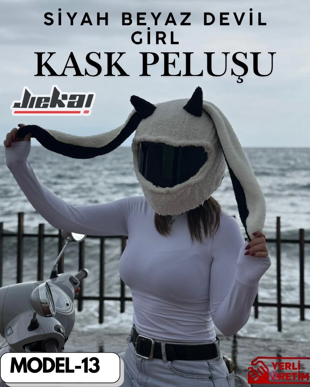 MODEL-13 KASK PELUŞU TEK EBAT SİYAH BEYAZ DEVİL GİRL
