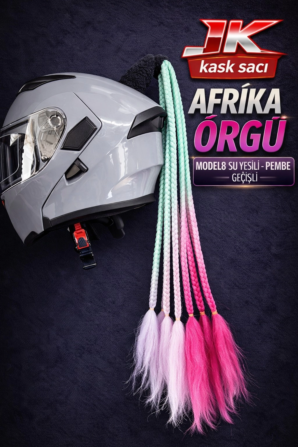 JİEKAİ KASK SAÇI SU YEŞİLİ- PEMBE GEÇİŞLİ RENK AFRİKA ÖRGÜ MODEL-08