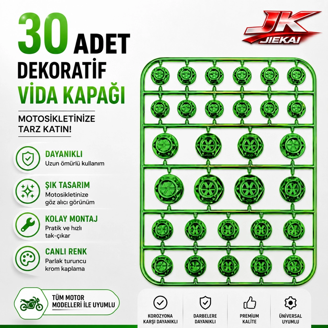 MOTOSİKLET DEKORATİF VİDA KAPAĞI 30 PARÇA SET ABS PLASTİK CİVATA SÜS KAPAĞI YEŞİL