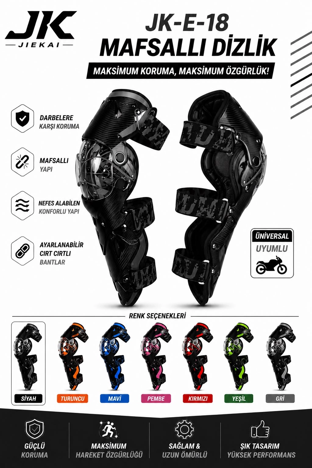 JK-E-18 MAFSALLI MOTOSİKLET DİZLİK AYARLANABİLİR KORUYUCU SİYAH