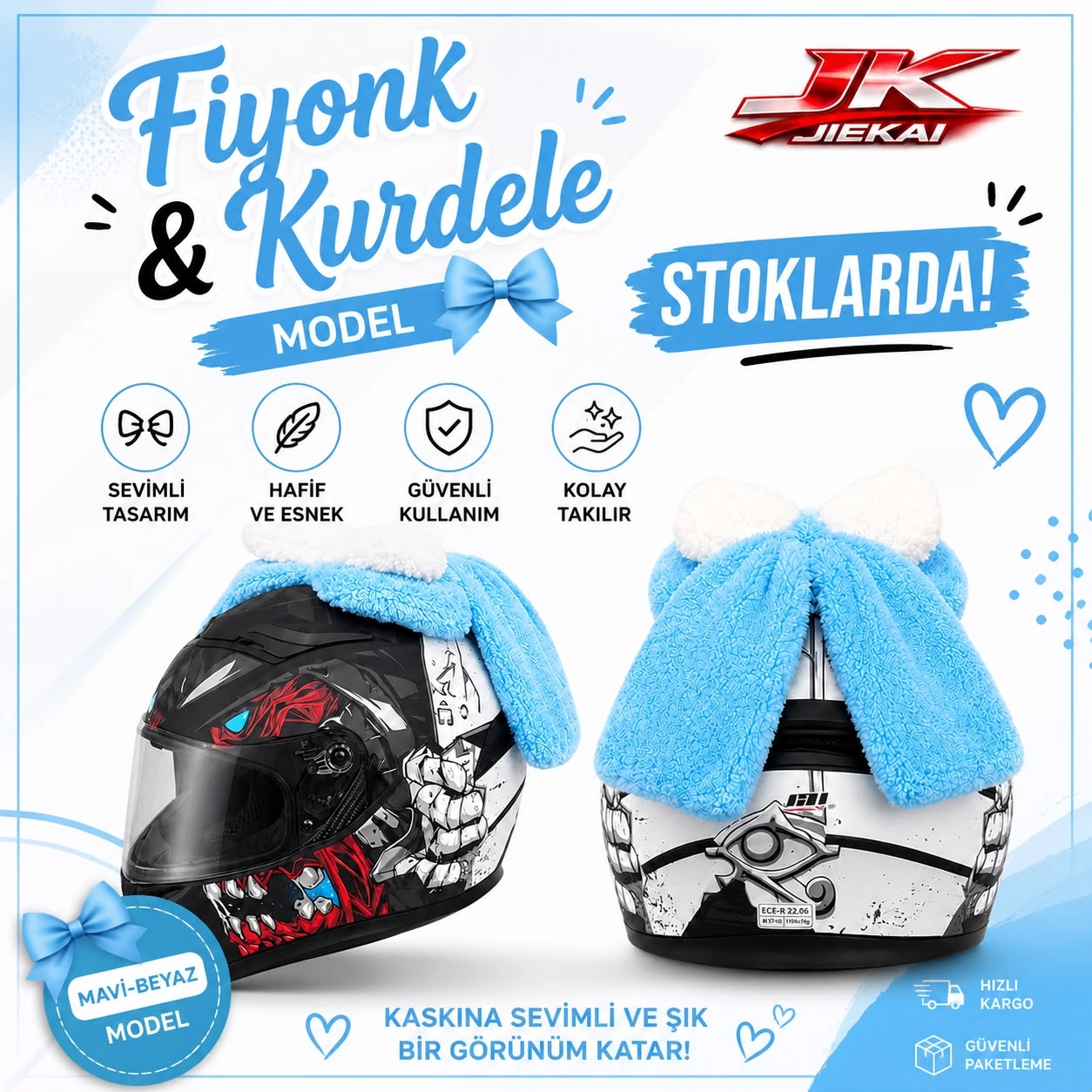 JK JİEKAİ KASK ÜSTÜ PELUŞLU KURDELE & FİYONK MAVİ - BEYAZ (KASK DAHİL DEĞİLDİR)