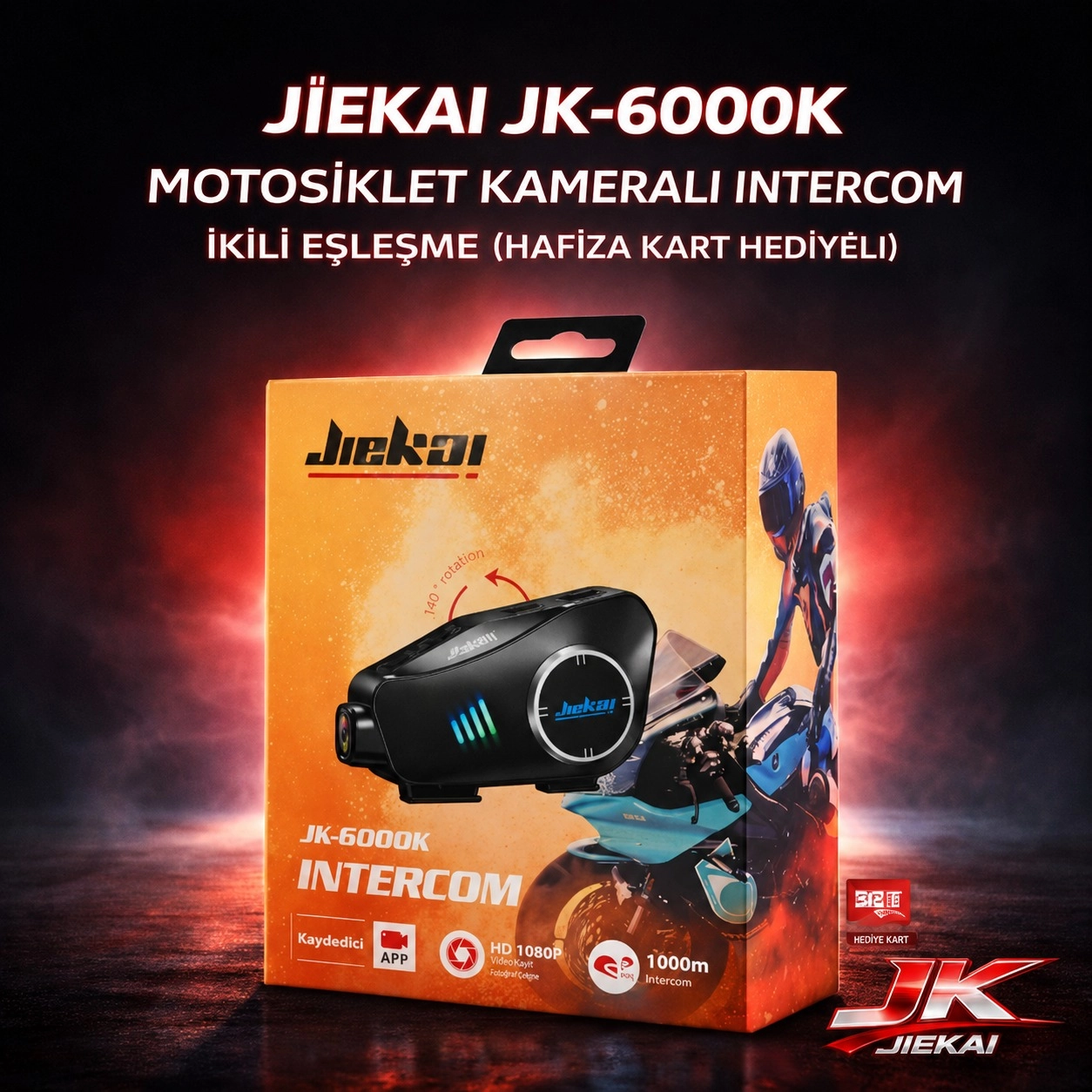 JİEKAİ JK-6000K MOTOSİKLET KAMERALI İNTERCOM İKİLİ EŞLEŞME ( HAFIZA KART HEDİYELİ )