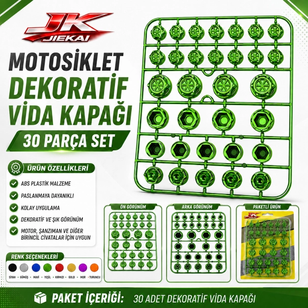 MOTOSİKLET DEKORATİF VİDA KAPAĞI 30 PARÇA SET ABS PLASTİK CİVATA SÜS KAPAĞI YEŞİL