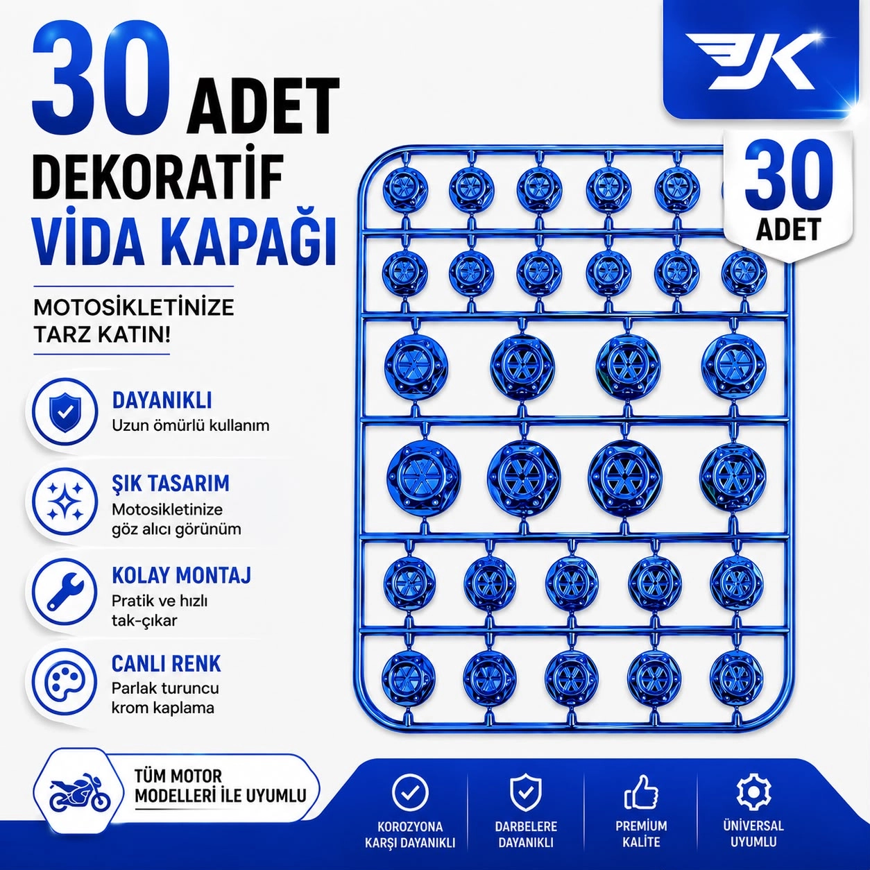 MOTOSİKLET DEKORATİF VİDA KAPAĞI 30 PARÇA SET ABS PLASTİK CİVATA SÜS KAPAĞI MAVİ