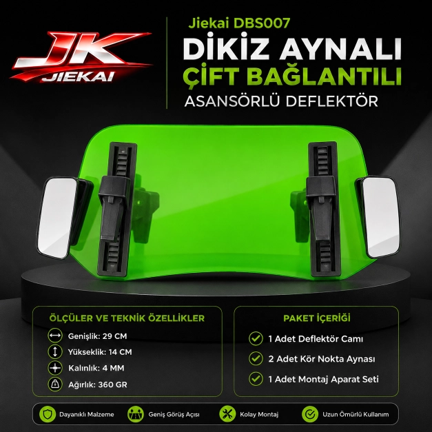 YEŞİL 29 X 14 DBS007 Dikiz aynalı Universal Çift Bağlantılı Asansörlü Deflektör
