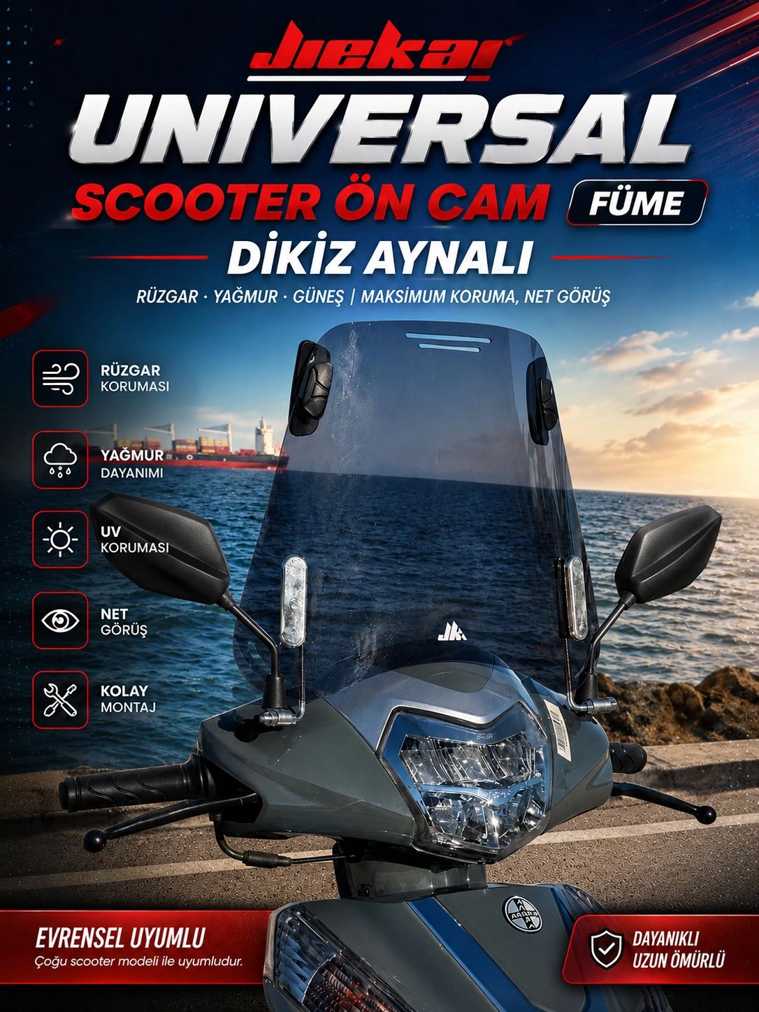 JİEKAİ DİKİZ AYNALI ÜNİVERSAL SCOOTER ÖN CAM FÜME 35 CM