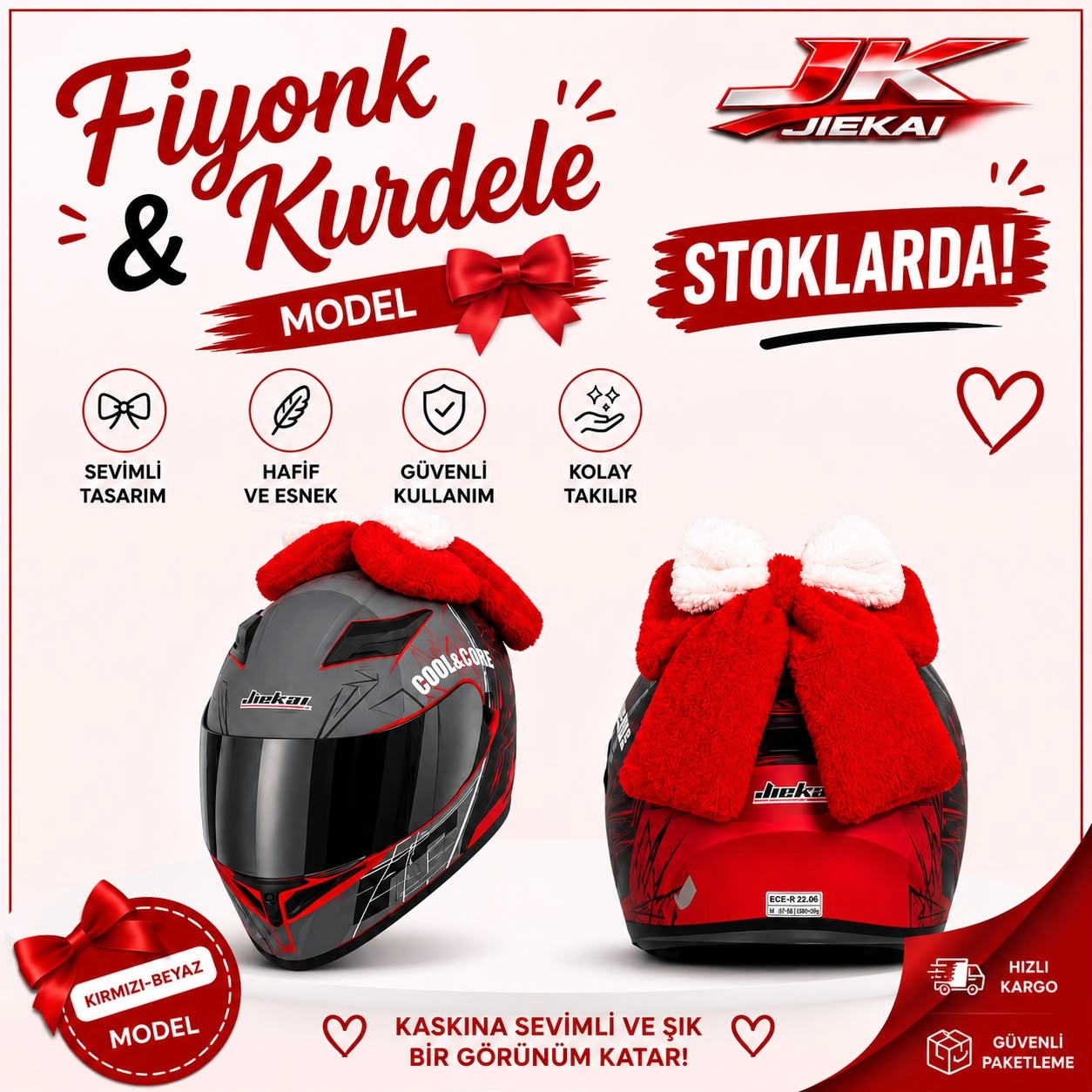 JK JİEKAİ KASK ÜSTÜ PELUŞLU KURDELE & FİYONK KIRMIZI-BEYAZ (KASK DAHİL DEĞİLDİR)
