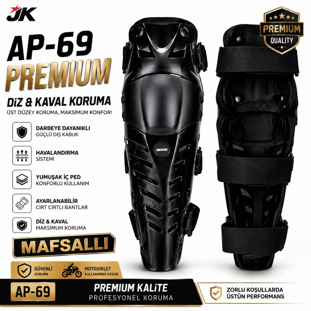 AP-69 PREMIUM MASFALLI TAM SİYAH MOTOSİKLET DİZ KAVAL KORUMA SETİ AYARLANABİLİR PROFESYONEL DİZLİK