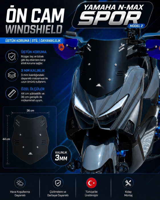 YAMAHA N-MAX 125-150 SPOR CAM SİYAH MODEL 2 - MAX-T 2015-2020 UYUMLU
