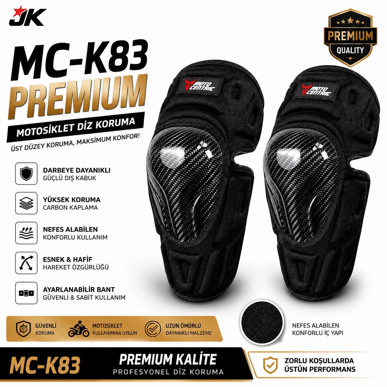 MC-K83 PREMIUM KARBON DESENLİ MOTOSİKLET DİZLİK SETİ AYARLANABİLİR BANTLI DİZ KORUMA