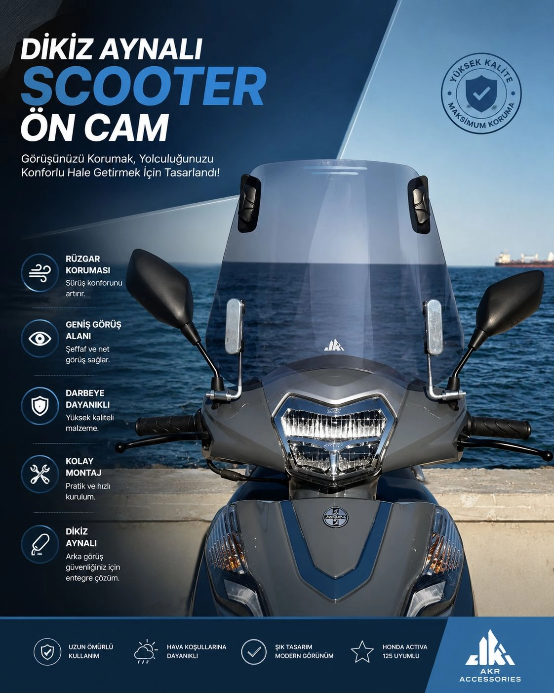 JİEKAİ DİKİZ AYNALI ÜNİVERSAL SCOOTER ÖN CAM FÜME 35 CM