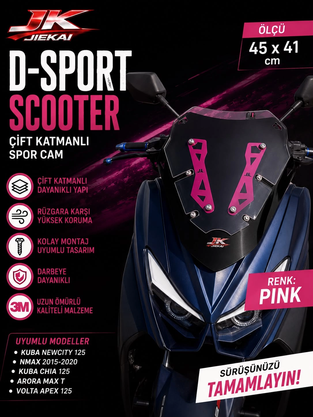 ARORA MAX-T - D-Sport SCOOTER ÖN CAM SPOR CAM (PİNK) YAMAHA N-MAX 2015-2020 UYUMLU