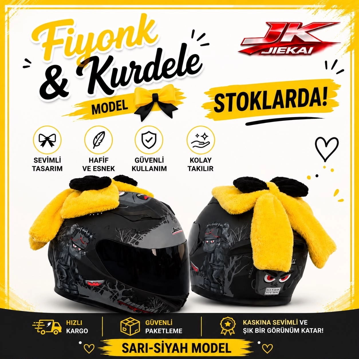 JK JİEKAİ KASK ÜSTÜ PELUŞLU KURDELE & FİYONK SARI-SİYAH (KASK DAHİL DEĞİLDİR)