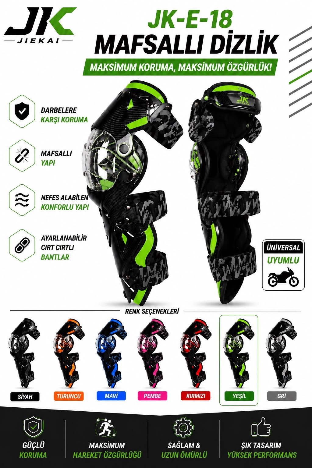 JK-E-18 MAFSALLI MOTOSİKLET DİZLİK AYARLANABİLİR KORUYUCU YEŞİL