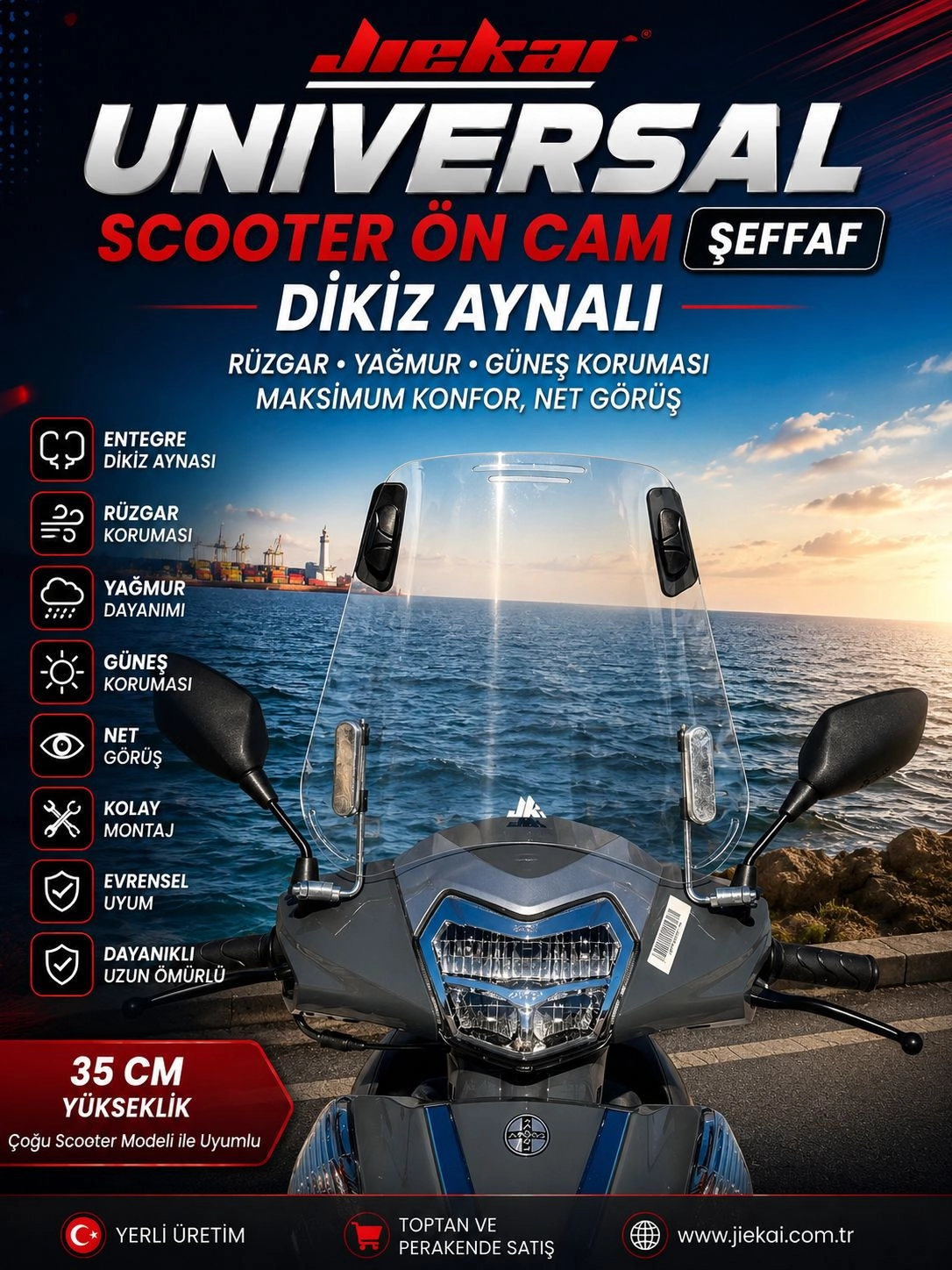 JİEKAİ DİKİZ AYNALI ÜNİVERSAL SCOOTER ÖN CAM ŞEFFAF 35 CM