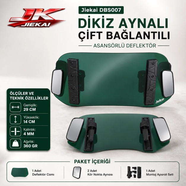KOYU YEŞİL 29 X 14 DBS007 Dikiz aynalı Universal Çift Bağlantılı Asansörlü Deflektör  Cam Uzatma-Rüzgar Kesici