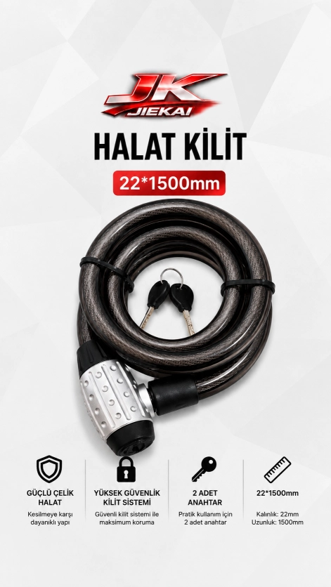 JK JİEKAİ 22*1500 HALAT KİLİT * SİYAH * (2 ANAHTARLI)