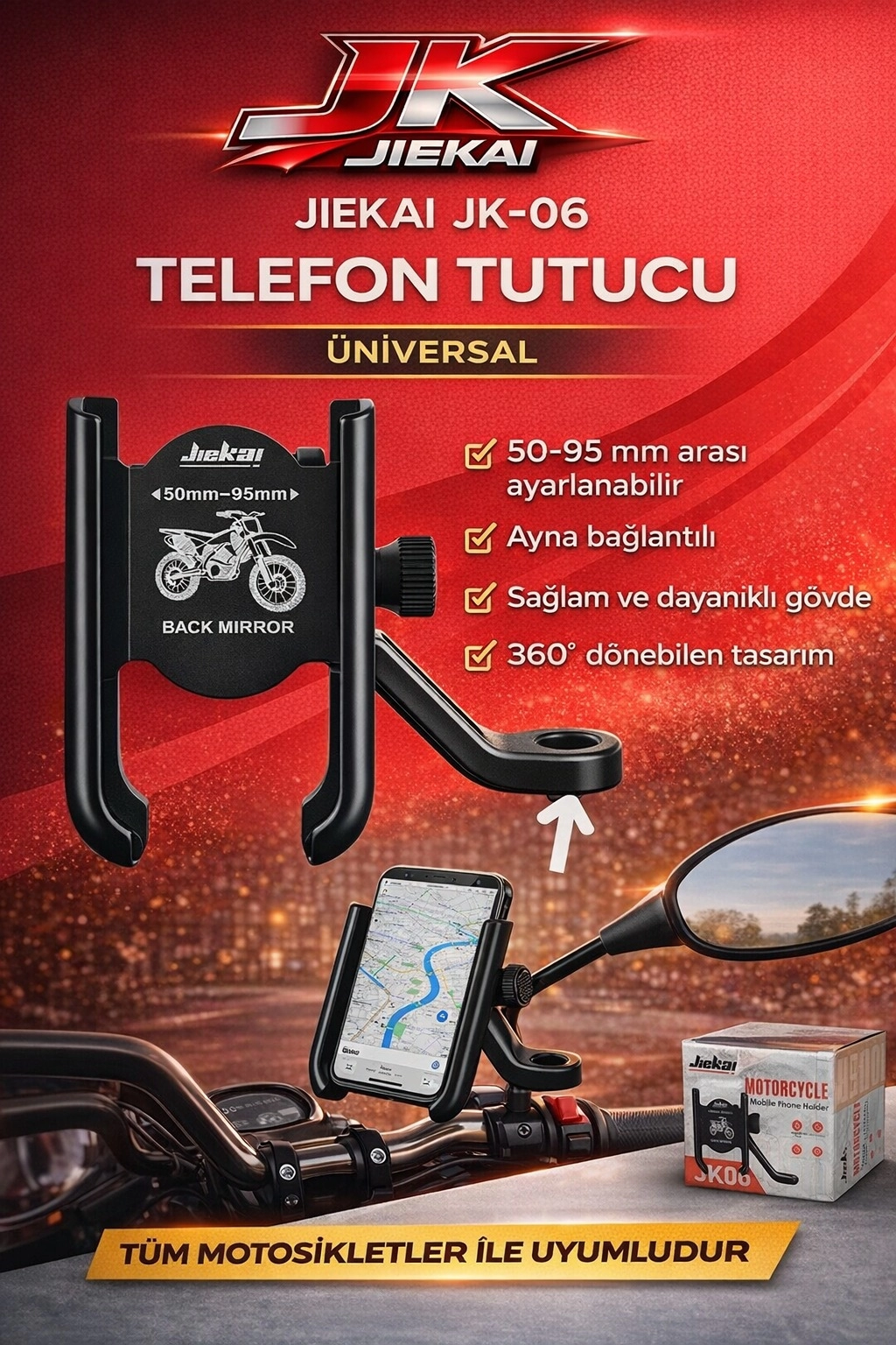JK-06 MOTOSİKLET TELEFON TUTUCU ( ALÜMİNYUM ) * AYNA* BAĞLANTILI