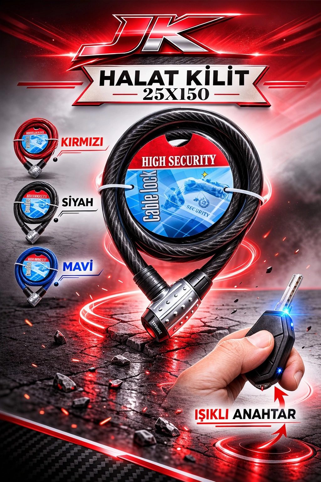 25X150 HALAT KİLİT IŞIKLI ANAHTAR * SİYAH*