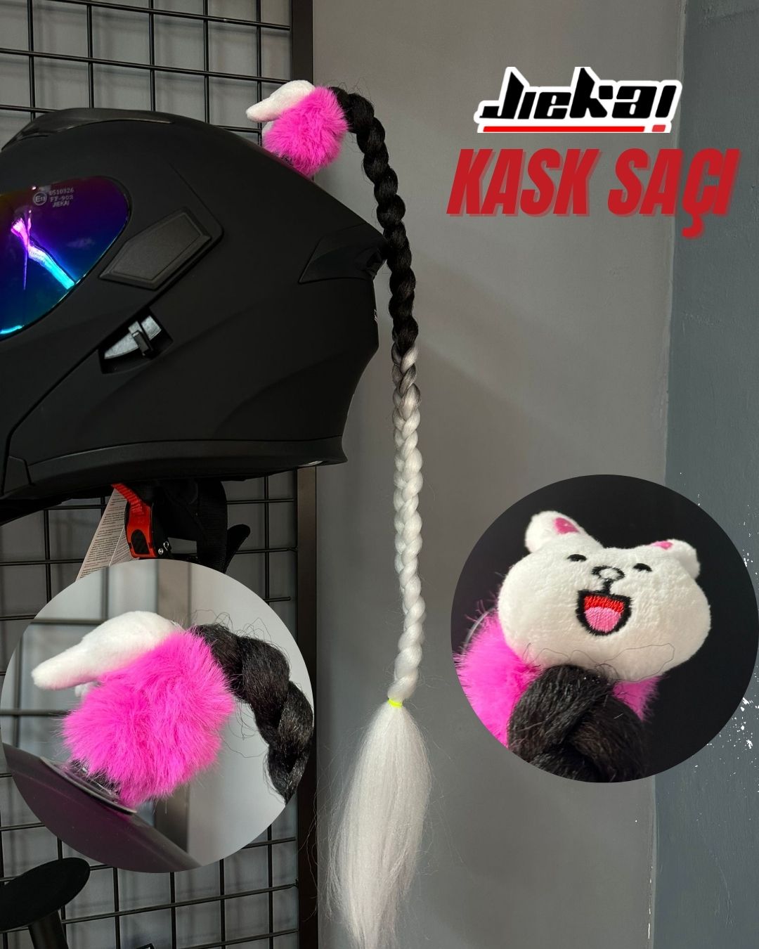 JİEKAİ KASK SAÇI TOKALI SİYAH-BEYAZ GEÇİŞLİ RENK DÜZ ÖRGÜ MODEL-13