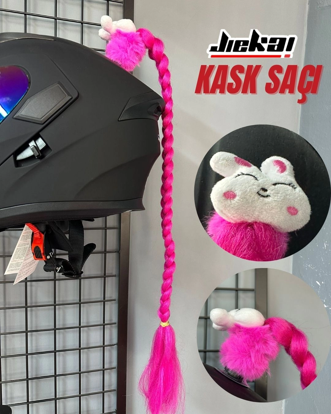 JİEKAİ KASK SAÇI TOKALI PEMBE RENK DÜZ ÖRGÜ MODEL-02