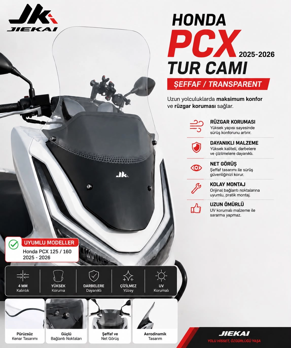 JK JİEKAİ Honda Pcx 2025-2026 Uyumlu Tur Camı (ŞEFFAF)